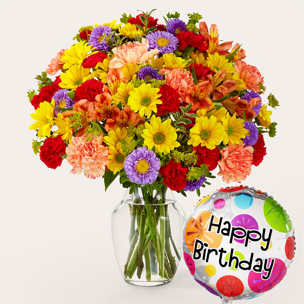 Kaleidoscope Bouquet with Birthday Balloon – ANITA'S FLOWERS AND ICE CREAM LLC, Passaic NJ