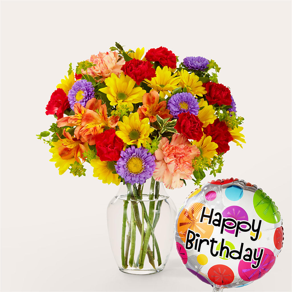 Kaleidoscope Bouquet with Birthday Balloon – ANITA'S FLOWERS AND ICE CREAM LLC, Passaic NJ