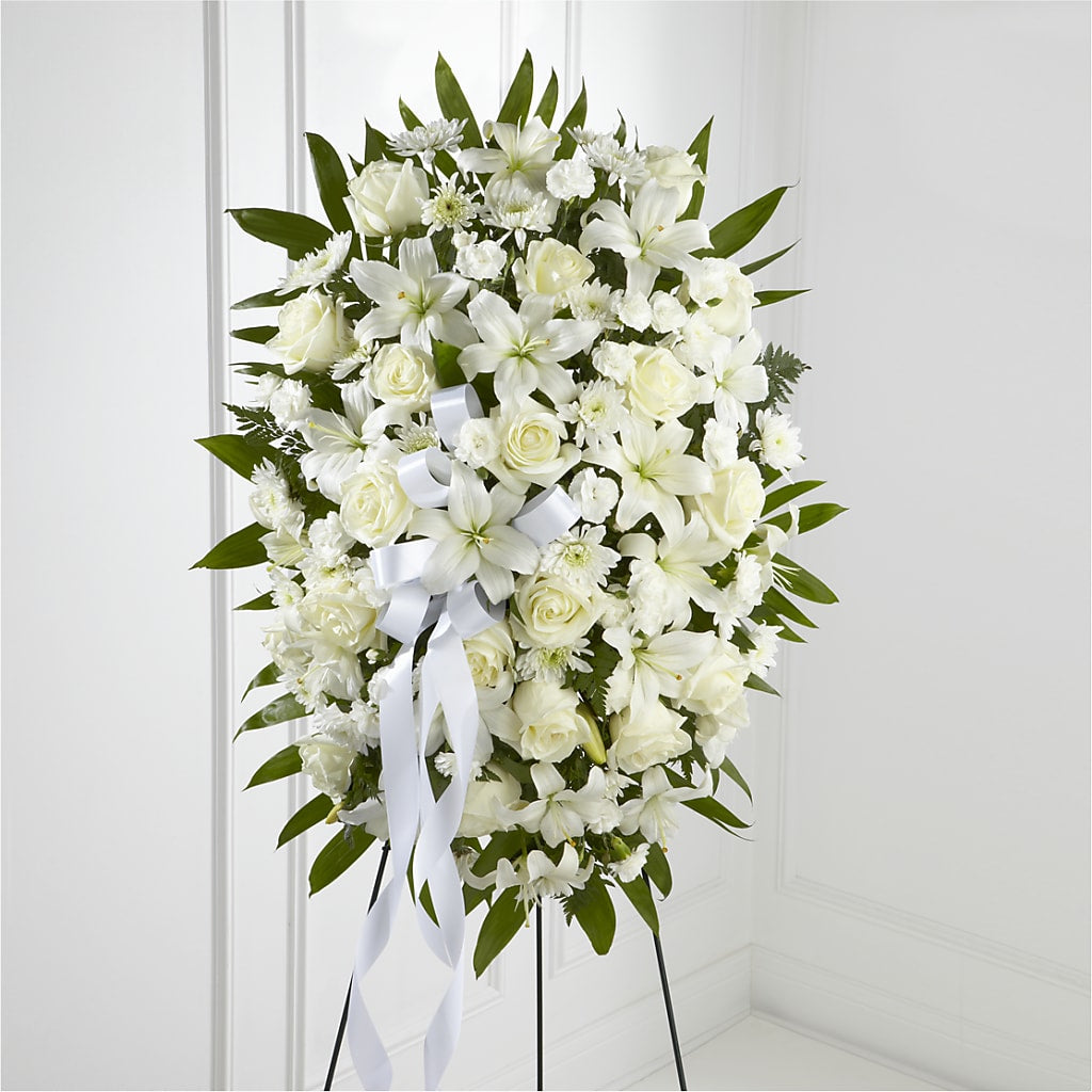 Exquisite Tribute Standing Spray-White Ribbon – ANITA'S FLOWERS AND ICE CREAM LLC, Passaic NJ
