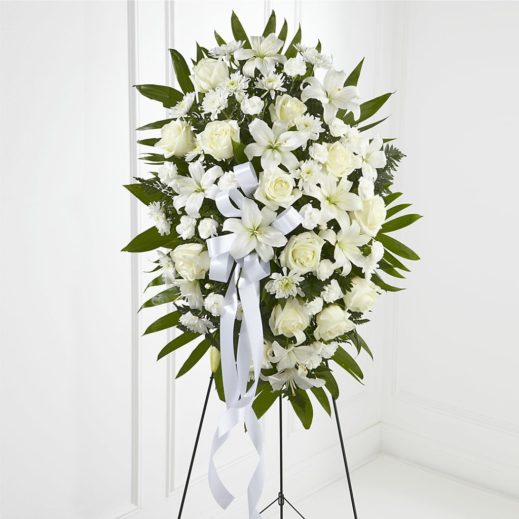 Exquisite Tribute Standing Spray-White Ribbon – ANITA'S FLOWERS AND ICE CREAM LLC, Passaic NJ